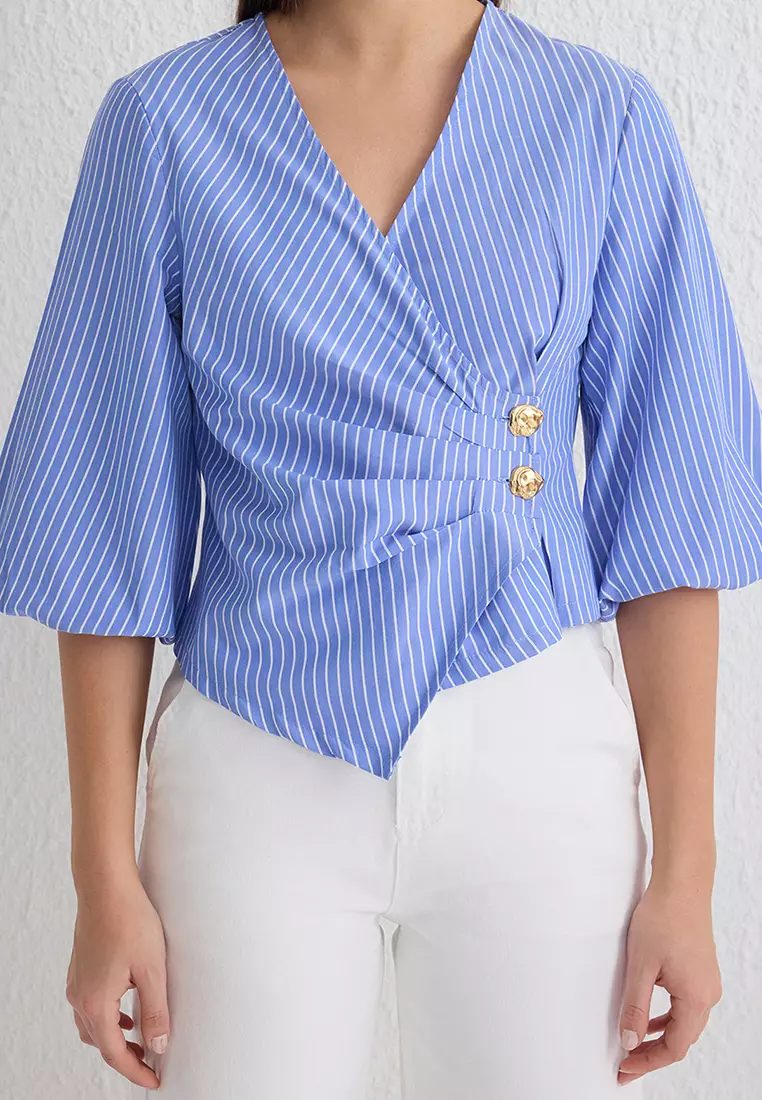 Blue Double Breasted Striped Blouse