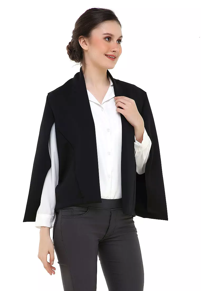 Qemsya Jas Wanita Cape Blazer Casual Plain Outer Material Scuba ORIGINAL - Black