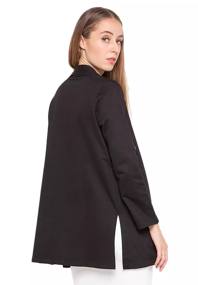 Cleve Blazer Plain Long Sleeves Atasan Wanita Design Kasual Open Front Style - Black