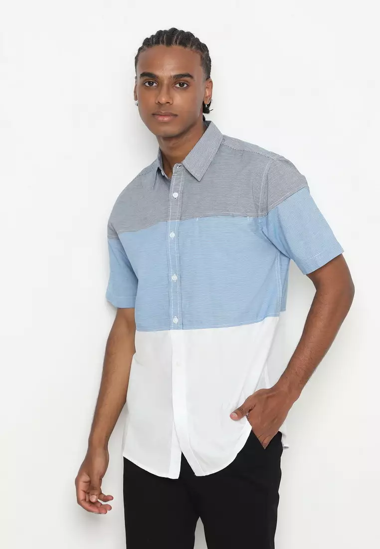 RBJ Kemeja Salur Kombi Biru Putih Regular Fit Pria