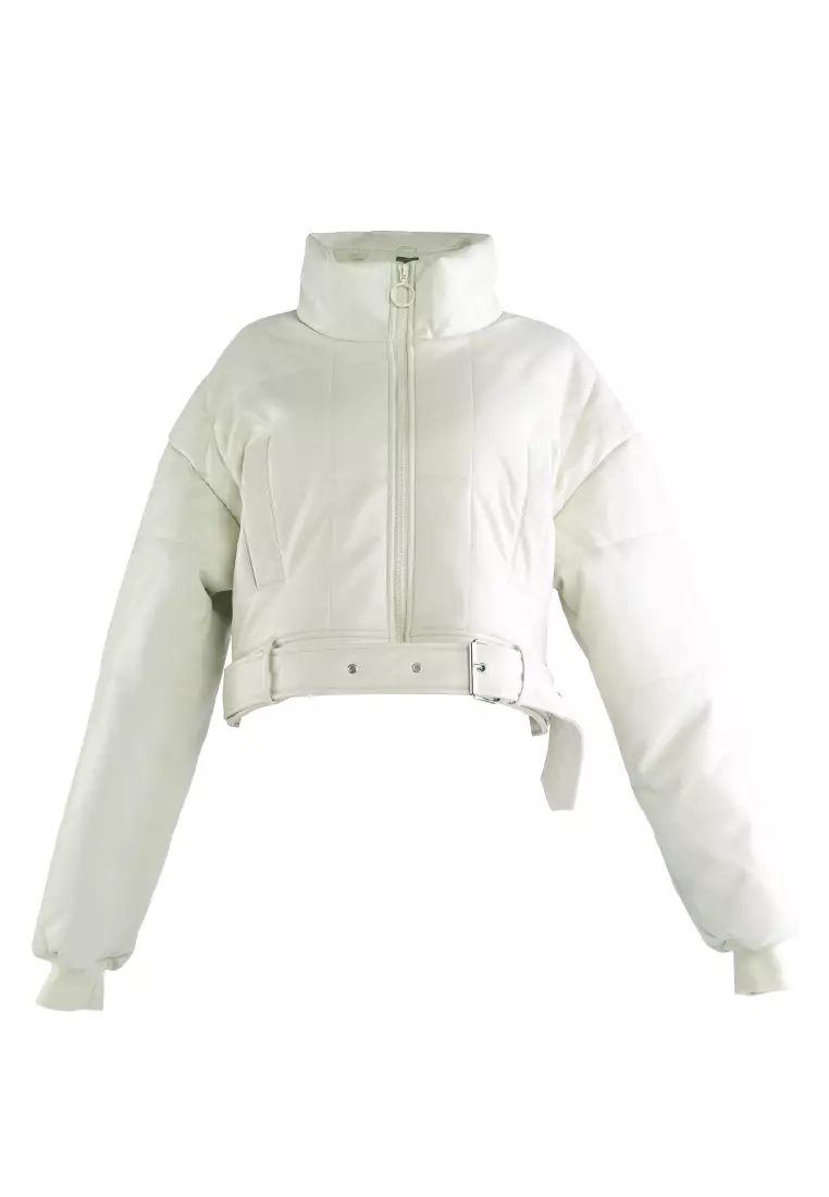 Cream Cropped Belted Puffer Jacket