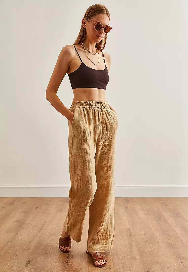 Elastic Waist Pocket Muslin Trousers