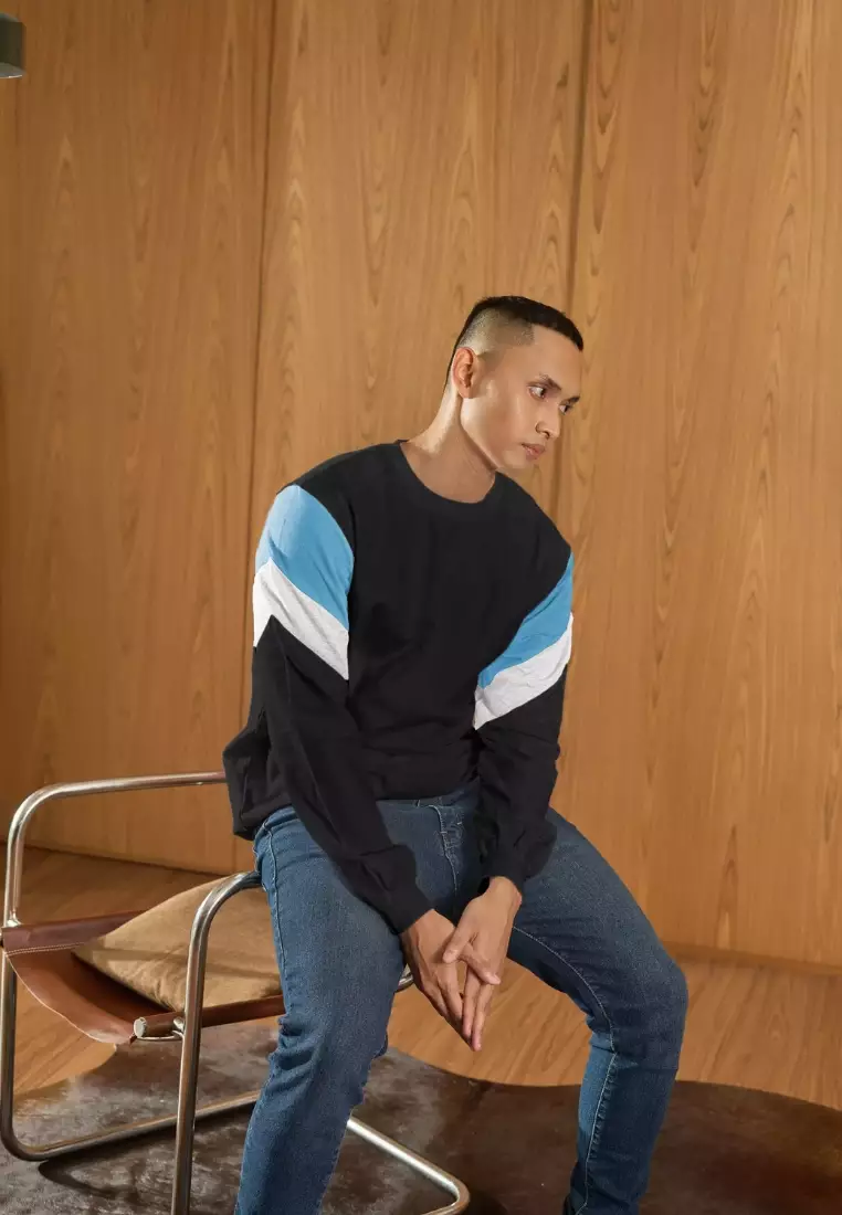 Kale Dael Black Dusty Blue/ Sweater Pria Bahan Baby Terry Premium Kombinasi