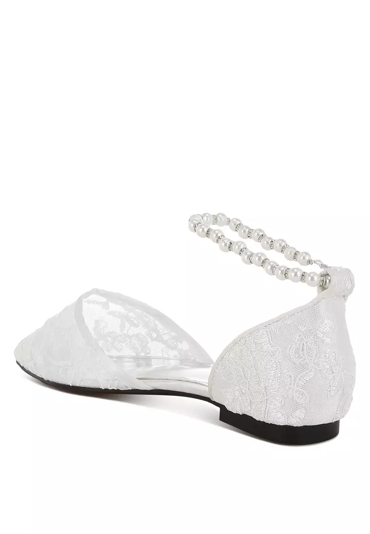 Pearl & Rhinestone Strap Flat Sandals in White