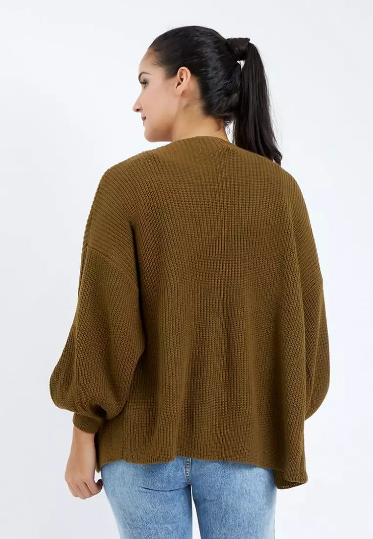 Balloon Sleeve Knit Cardigan in Brown