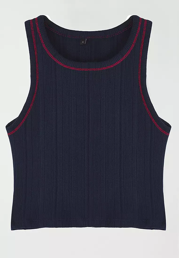 Navy Blue Pointel/Textured Fabric Crop Knitted Tank Top
