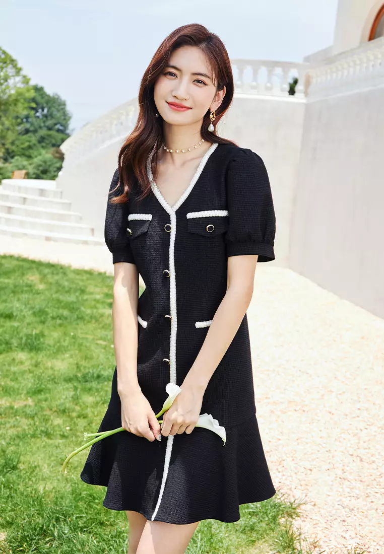 Puff Sleeve V-Neck Button Down Knitted Dress