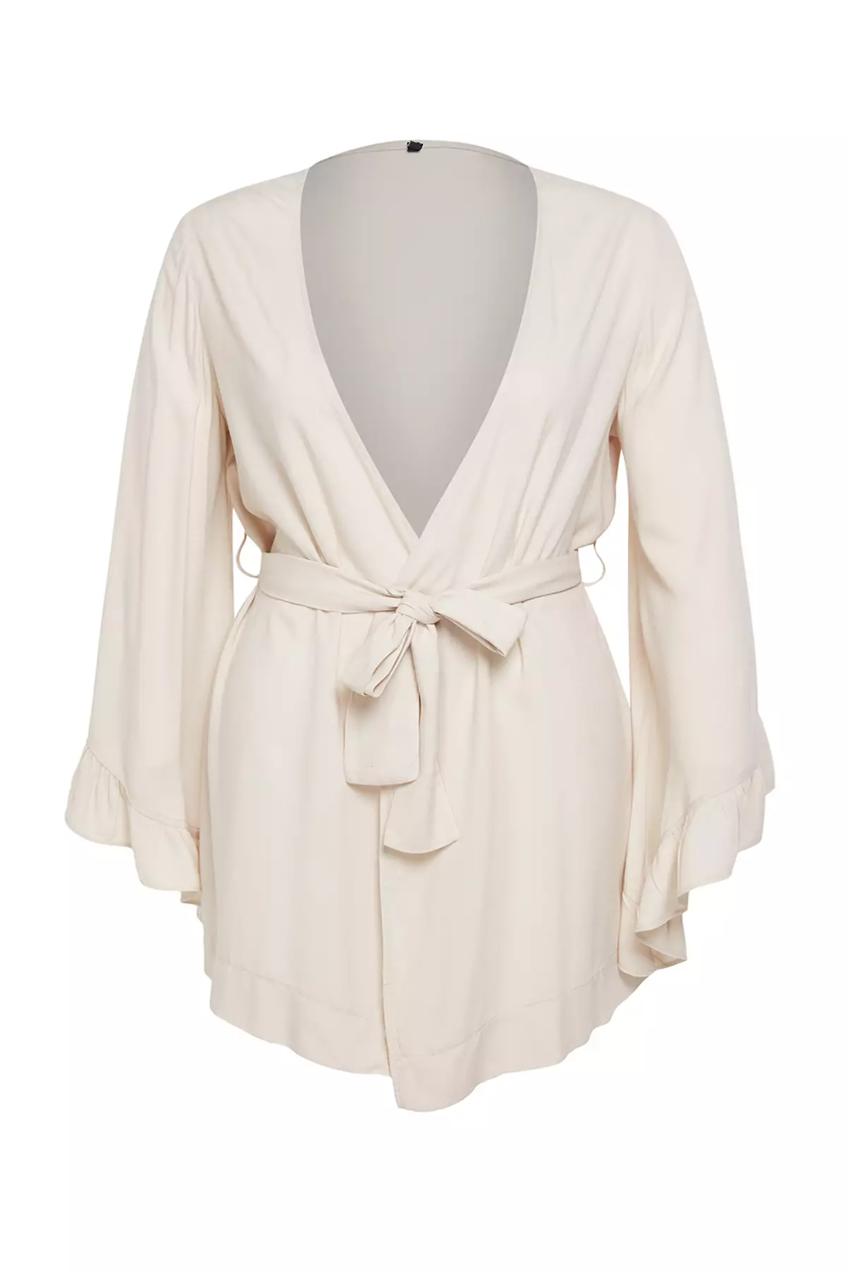 Ecru Sleeve Frilled Flounce Viscose Beachwear Woven Plus Size Kimono&Caftan TBBSS23DE00001