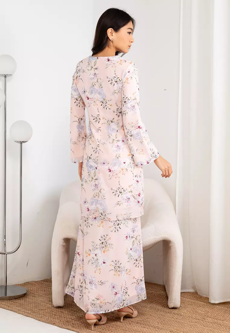 Pastel Pink Misty Floral Baju Kurung Moden Chiffon