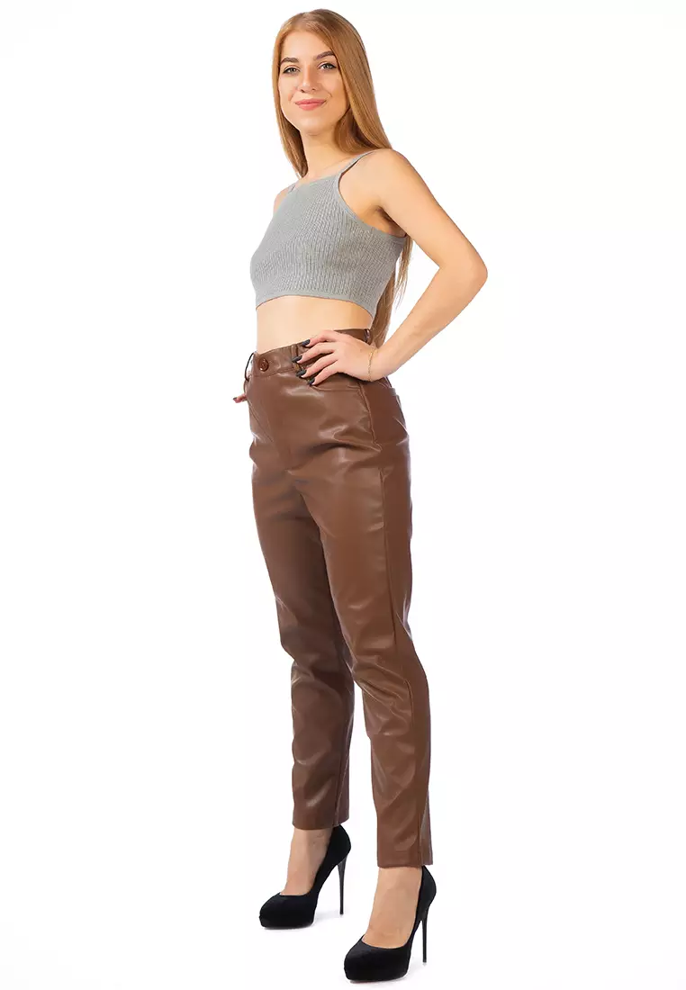 Chocolate Faux Leather Straight Fall Trousers