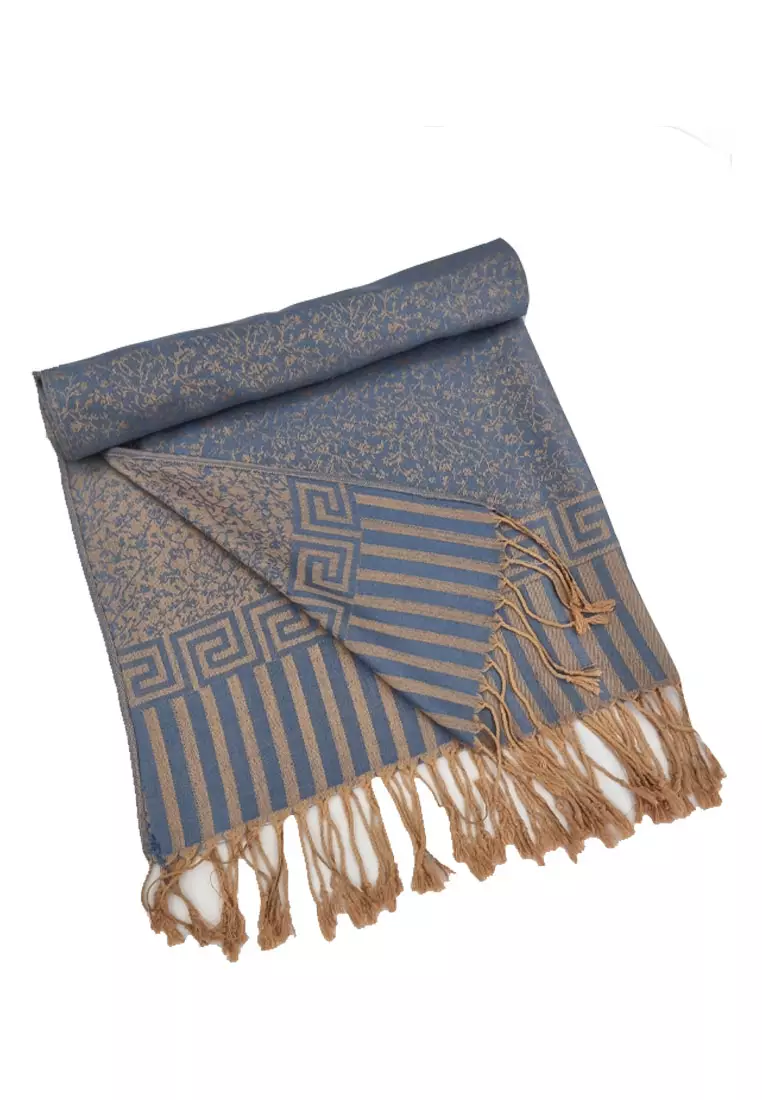 Reversible Viscose Floral Pattern Pashmina Shawl Syal Wanita Denim blue