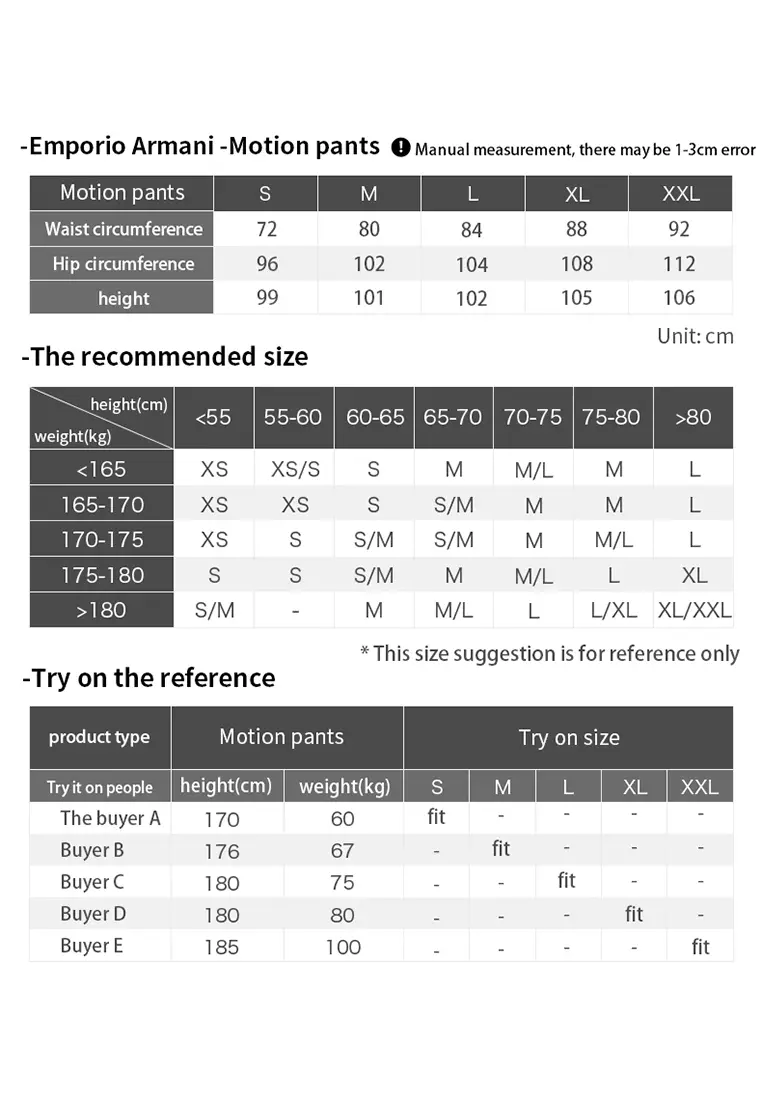 Armani pants size chart discount