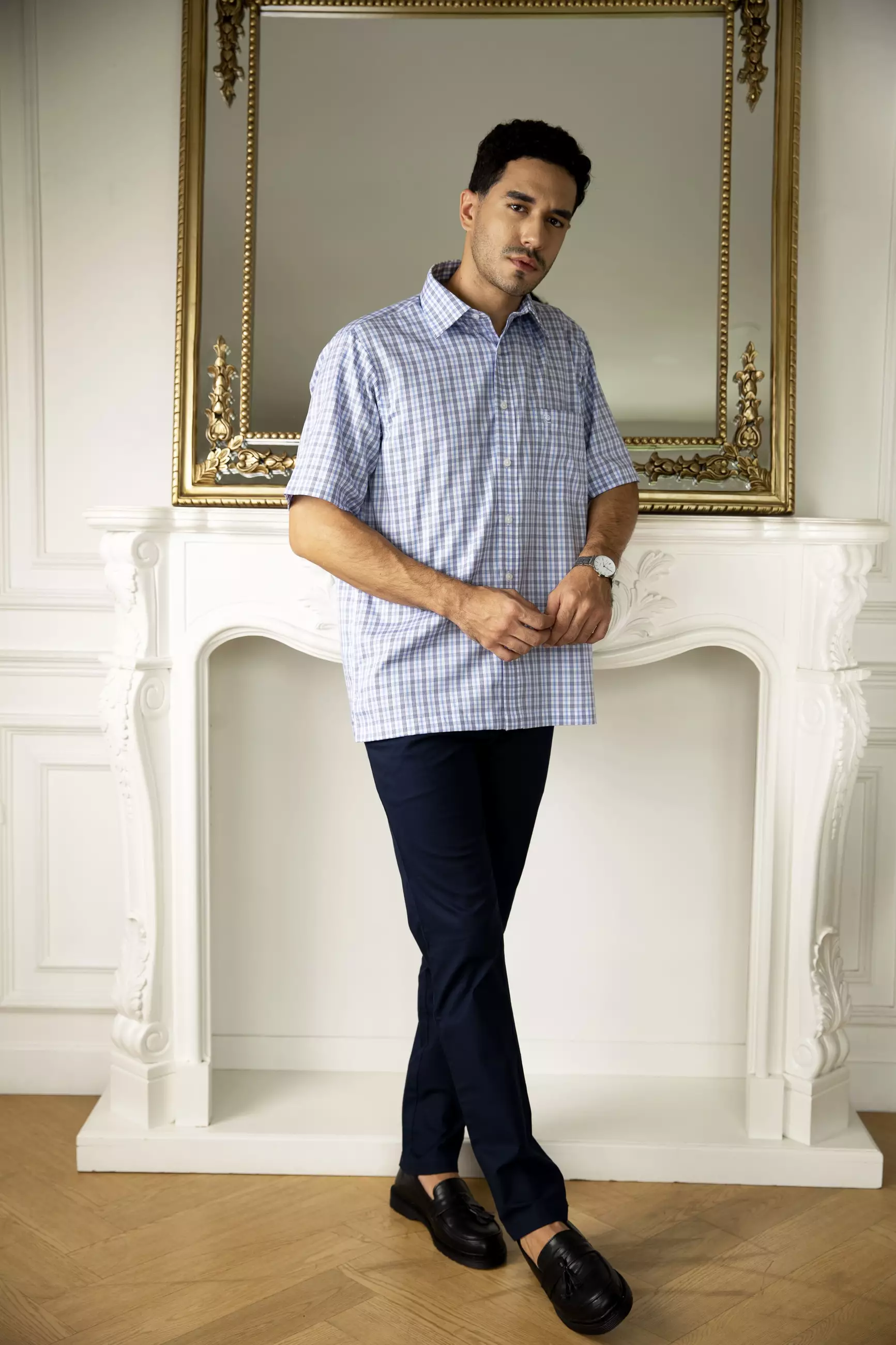 Kemeja Lengan Pendek Pierre Cardin TechnoShirt Classic Check Ryo - Blue Cotton Smart Casual