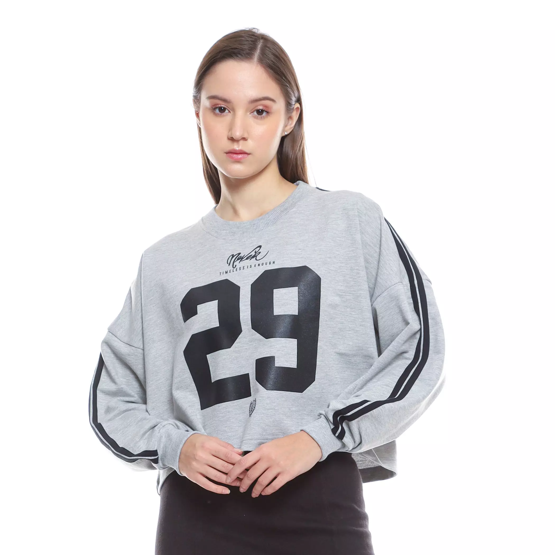 Enough For Today - Sweater Crewneck Crop Oversize Wanita Jersey Nomer Variasi Garis Tangan Hitam 29 MistBlack (EN126)