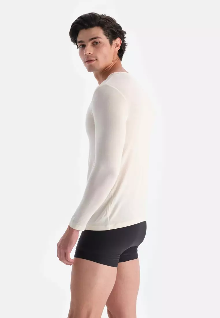 Ecru Basic Undershirt, Crew Neck, Regular Fit, Long Sleeve Underwear for Men