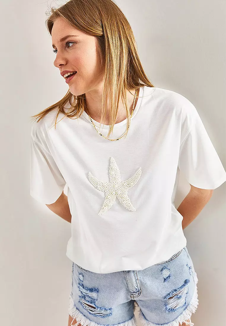 Star Pearl Stone Embroidered T-Shirt