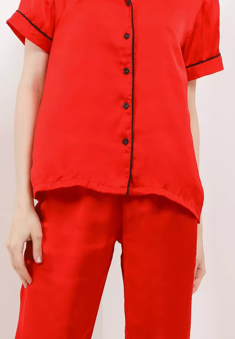 Piyama Pijama Baju Tidur Satin Silk Short Sleeve Long Pants Merah Sleepwear