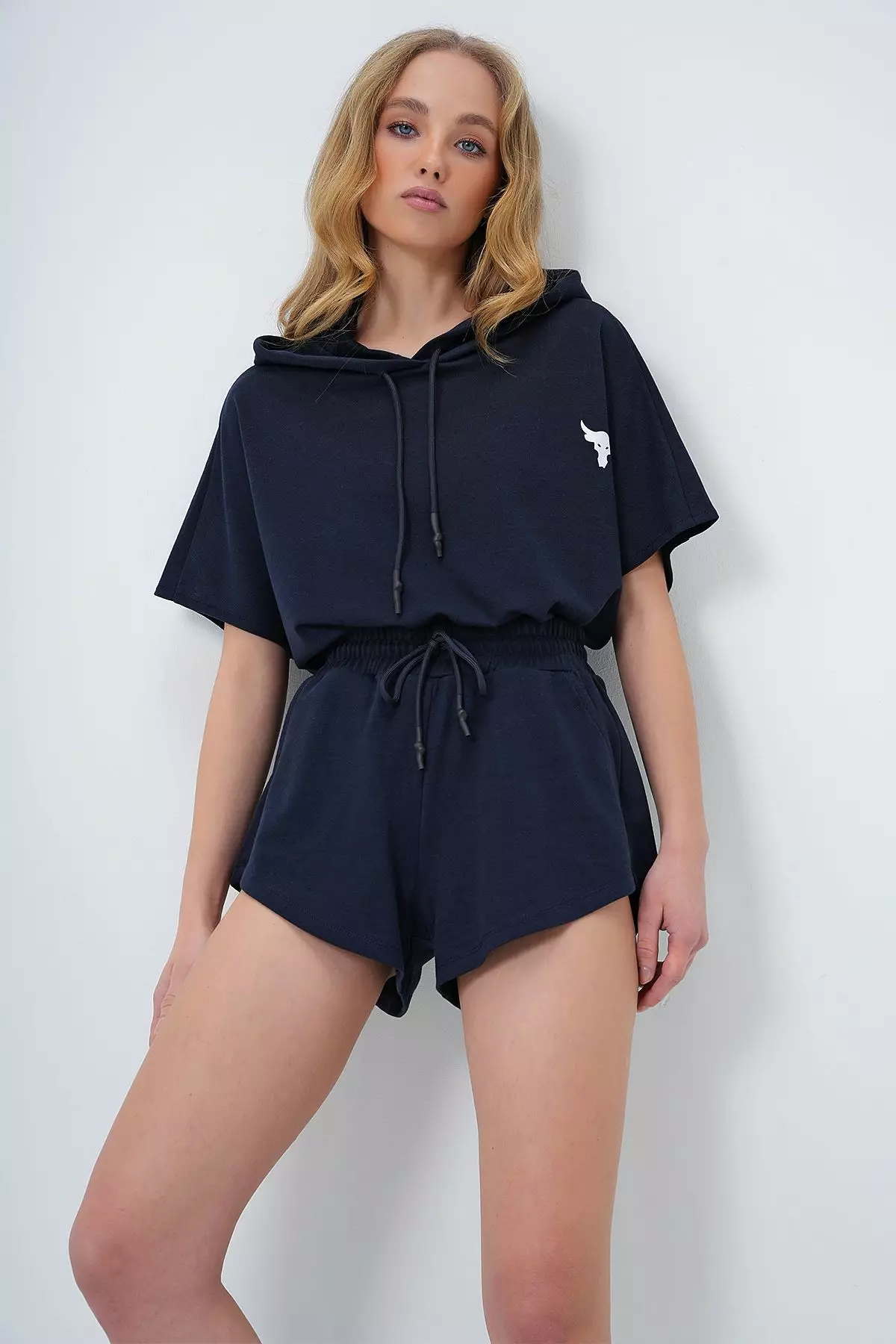 Women's Navy Blue Hooded Crop Sweatshirt and Shorts Set