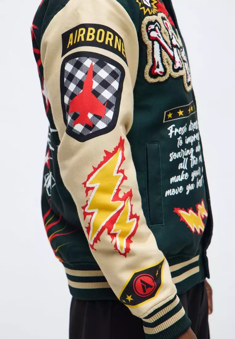 NYC Streetwear - Super Fly Varsity Jacket - Ivory/Green