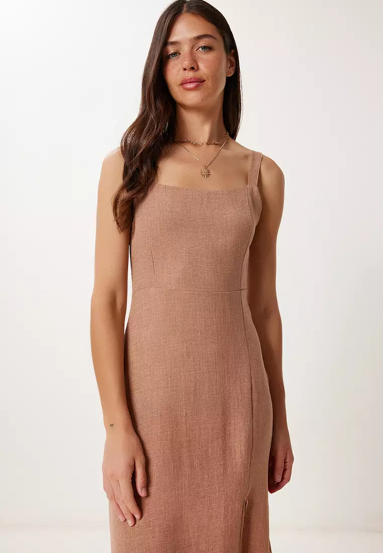 Women's Biscuit Strap Linen Blend Summer Woven Dress Zh00053