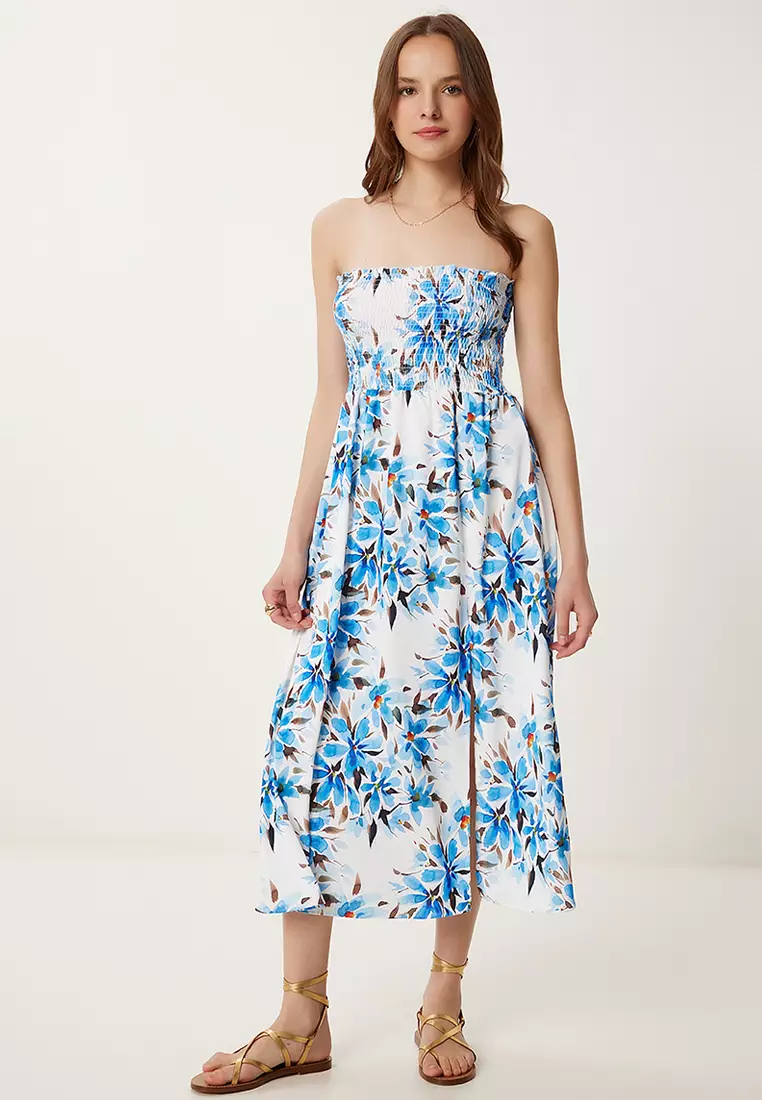 Women's Blue Bone Flower Pattern Strapless Woven Dress Jh00057