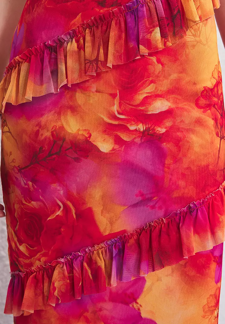 Multicolored Ruffle Detailed Tulle Lined Maxi Evening Prom Dress TPRSS25AE00174