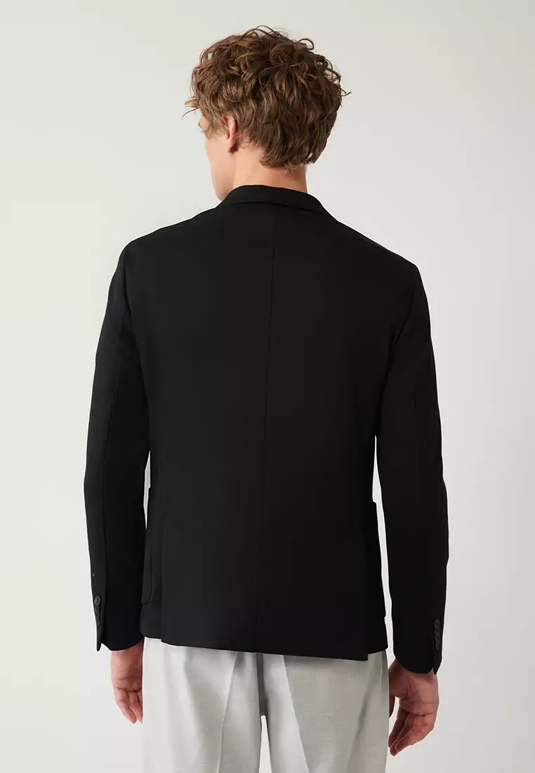 Men's Black Mono Collar Double Slit Unlined Knitted Jacket B004001