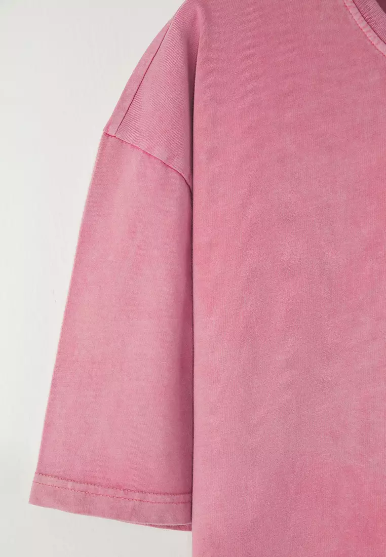 Dusty Rose Oversize Square Cut Low Shoulder  100% Cotton Basic T-Shirt TMNAW25TS00008