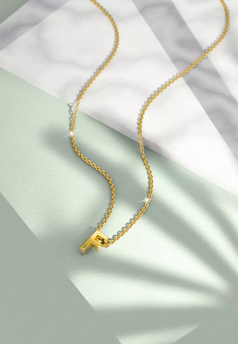 Initials Brick Alphabet Letter Necklace Gold Layered Steel Jewellery  - F