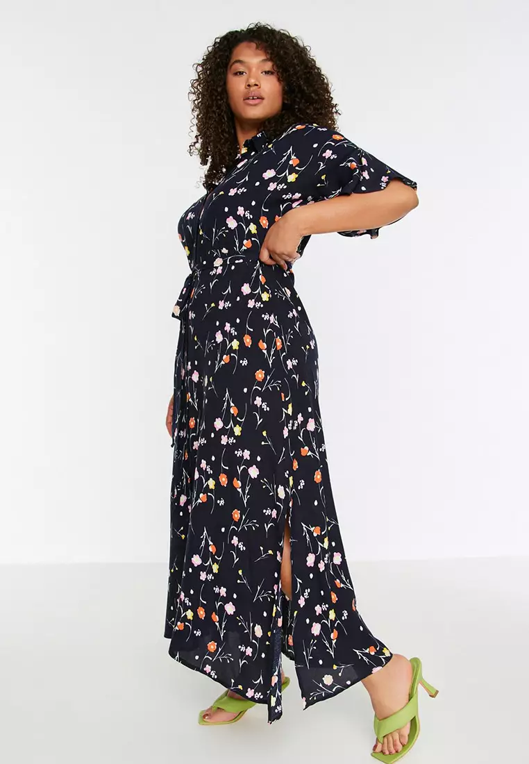 Navy Blue Floral Pattern Woven Slit Detailed Dress Tbbss22El1612