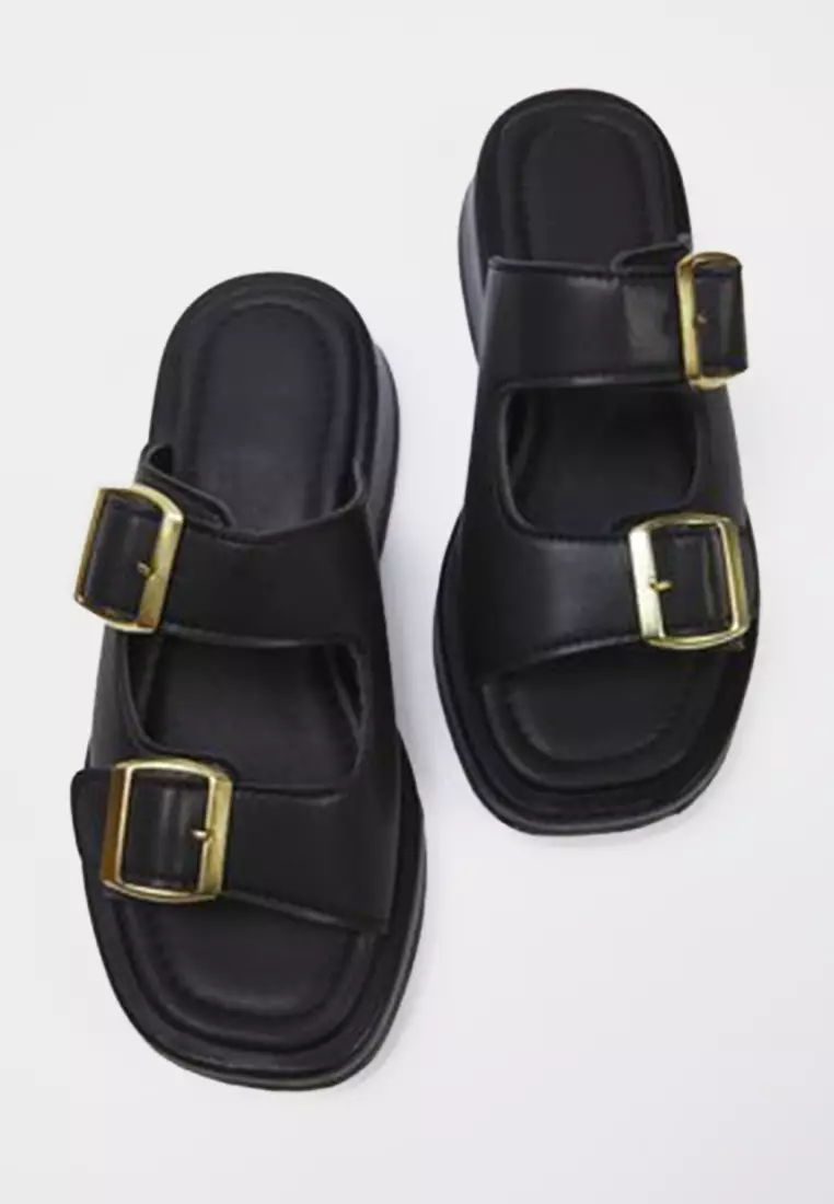 Black Double Banded Buckle Detailed Thick Sole Women's Slippers Takss25Te00044