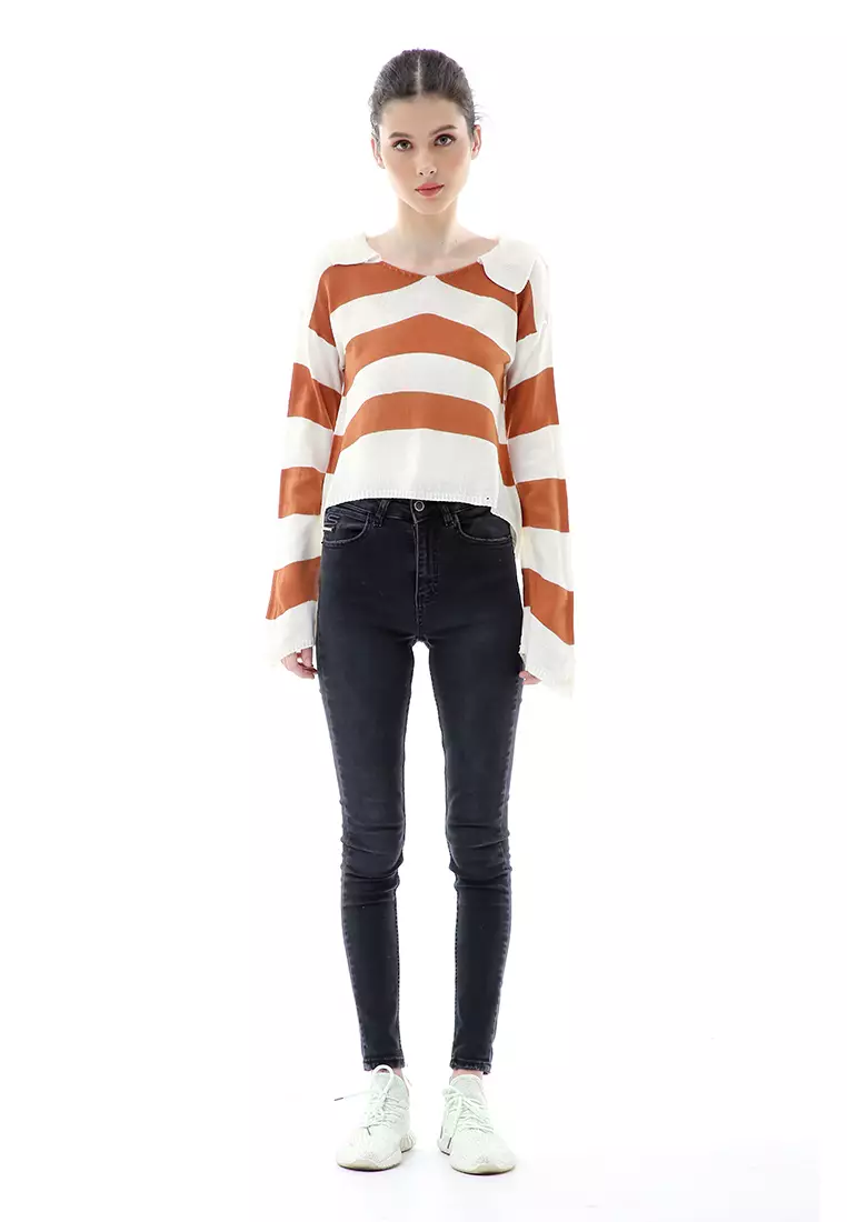 Vilia Rajut Crop Atasan Wanita Oversize Motif Stripe Garis Relaxed Fit - Coral