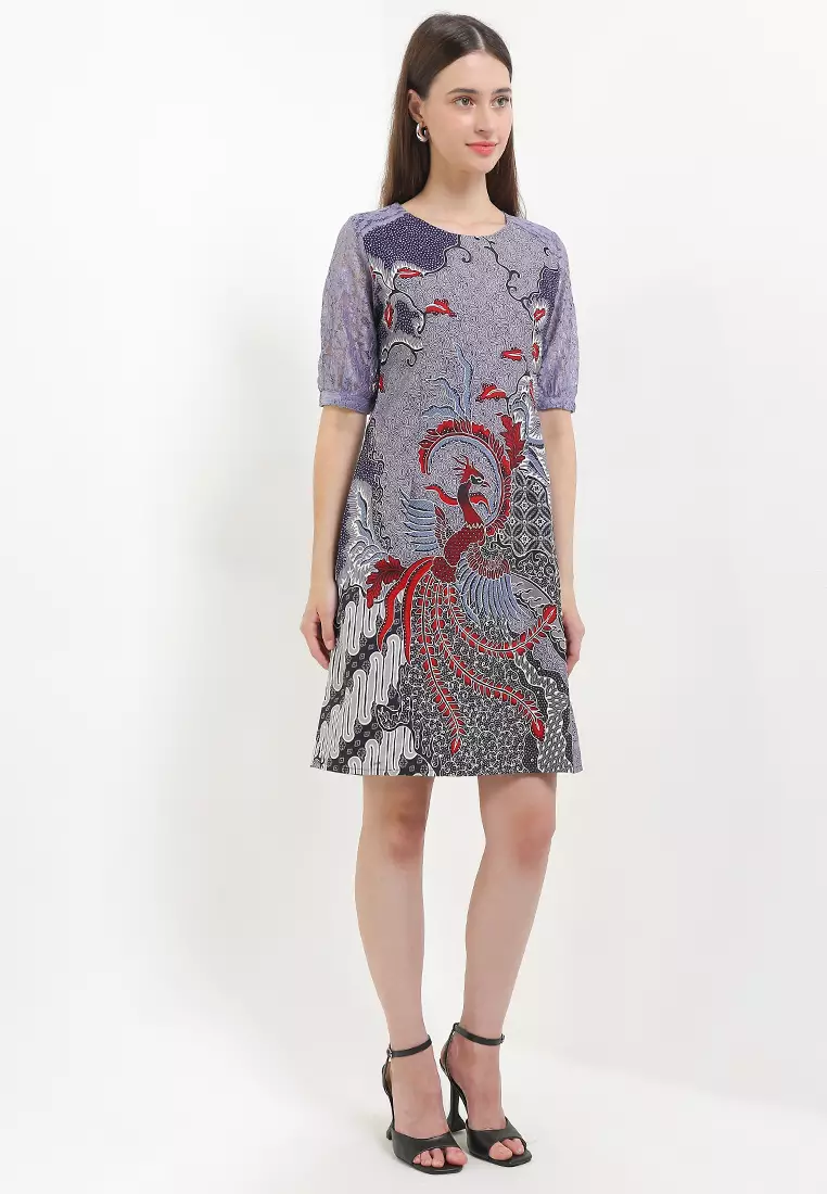 Dress Wanita Batik Furing Lining Vencia Brokat Lengan Pendek Purple