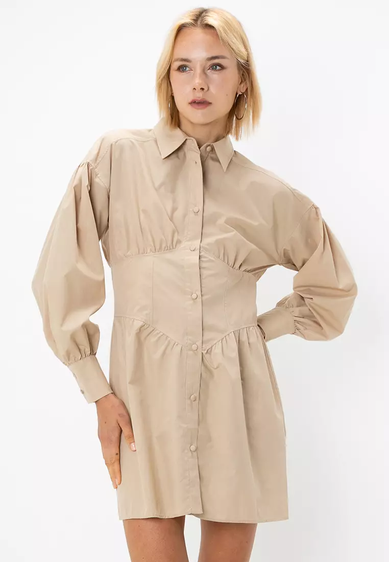 poplin mini shirt dress with corset detail Bershka Corset Detail Poplin Shirt Dress in White
