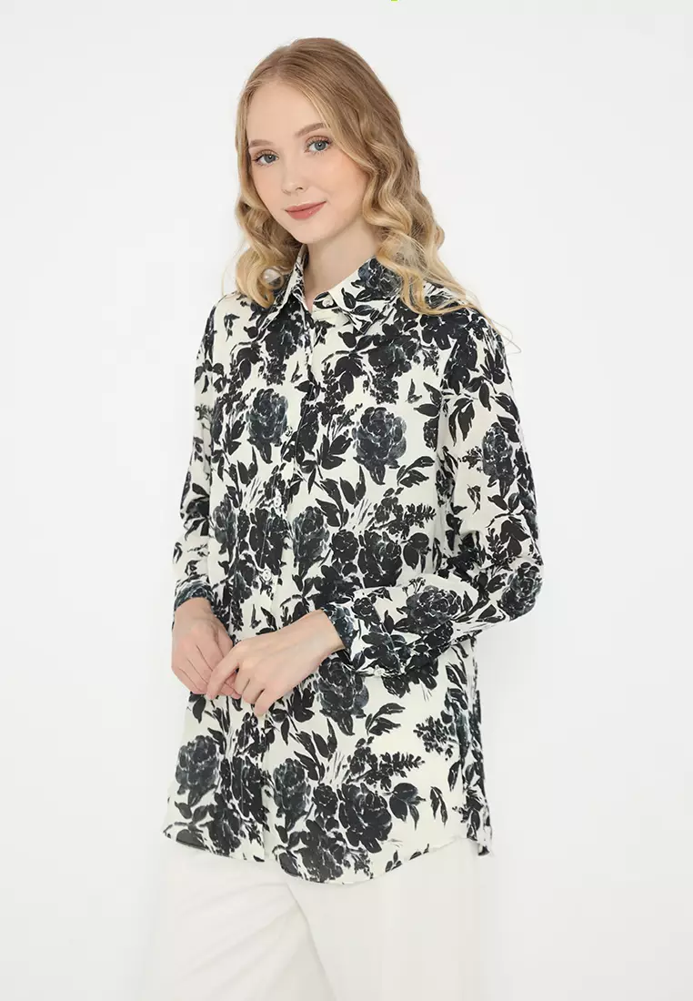 Cotton Shirt With Rose Pattern In White By Brilliant Girl Warna PUTIH