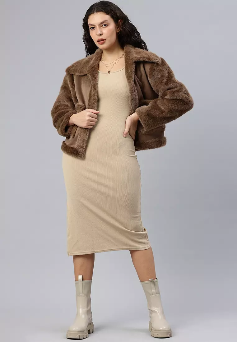 Jaket Bulu Palsu Warna Cokelat