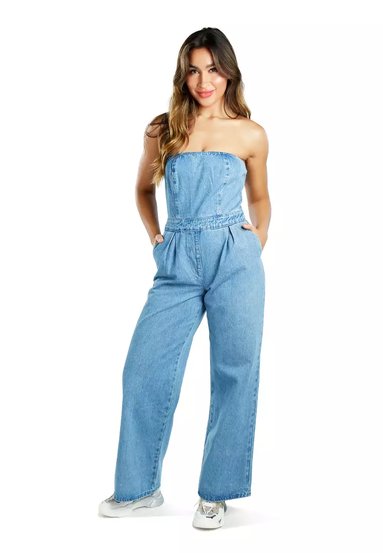 Blue Strapless Back Zipper Denim Jumpsuit