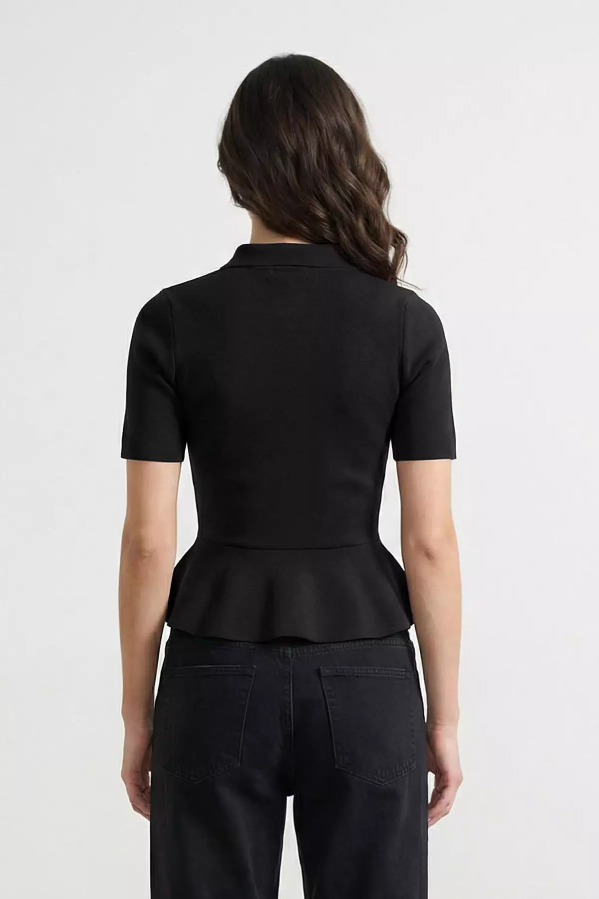 Black Peplum/Waist Fitted Button Detailed Blouse Twoss26Bz158