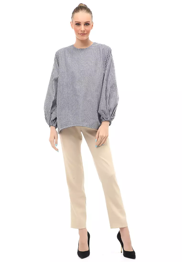 Blouse Lengan Puff Motif Kotak-Kotak Atasan Wanita Simple - Hitam Putih