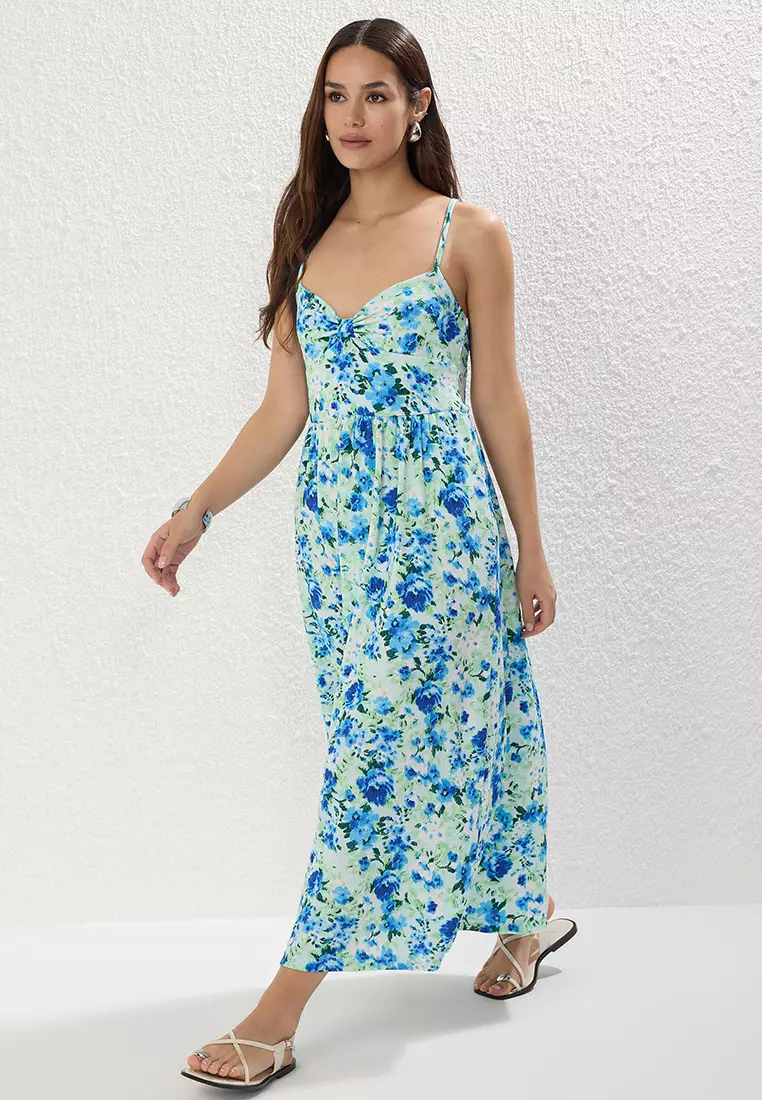Blue Floral Printed Strappy V Neck Pleated Skirt Flounce Ribbed Flexible Maxi Knit Dress Twoss25El00239