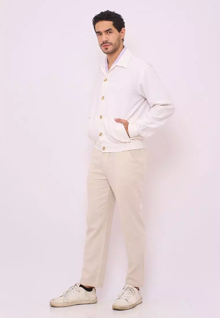 Aneto Jaket Bomber Pria Linen Warna Putih | Linen Bomber Jacket Men White