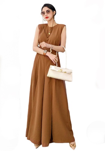 Sunnydaysweety brown Sleeveless with Hight Slit Hem Maxi jumpsuit A21031907BW A5E99AACE93665GS_1