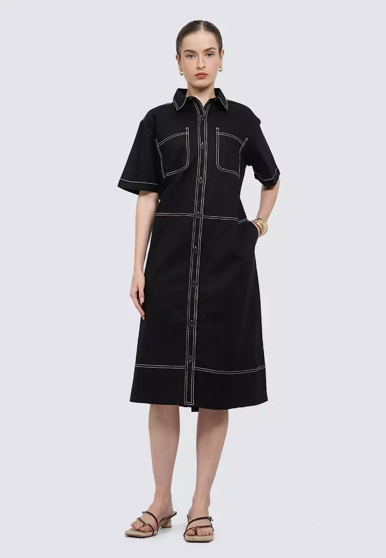 Contrast Stitch Midi Dress BLACK