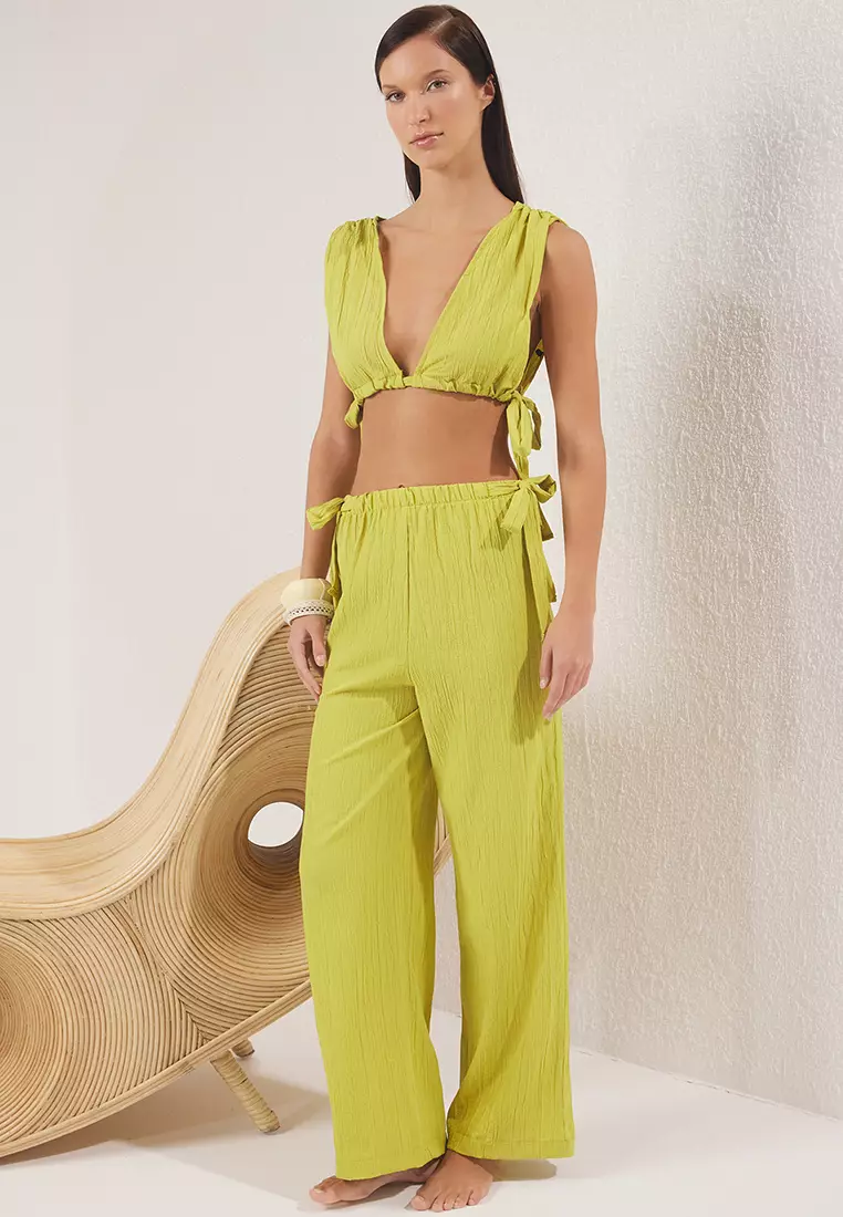 Oil Green Woven Binding Detailed Deep V Neck Beach Blouse Pants Suit Tbess25Au00088