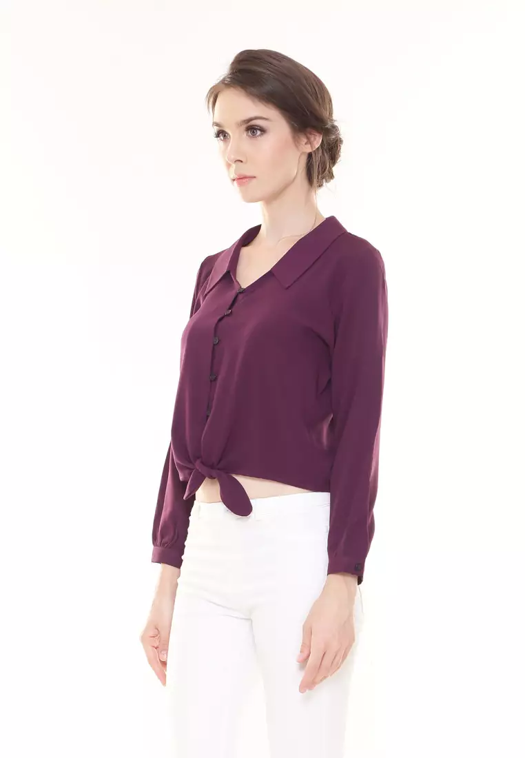 Evelyn Top Button Ribbon Tied up in Dark Purple