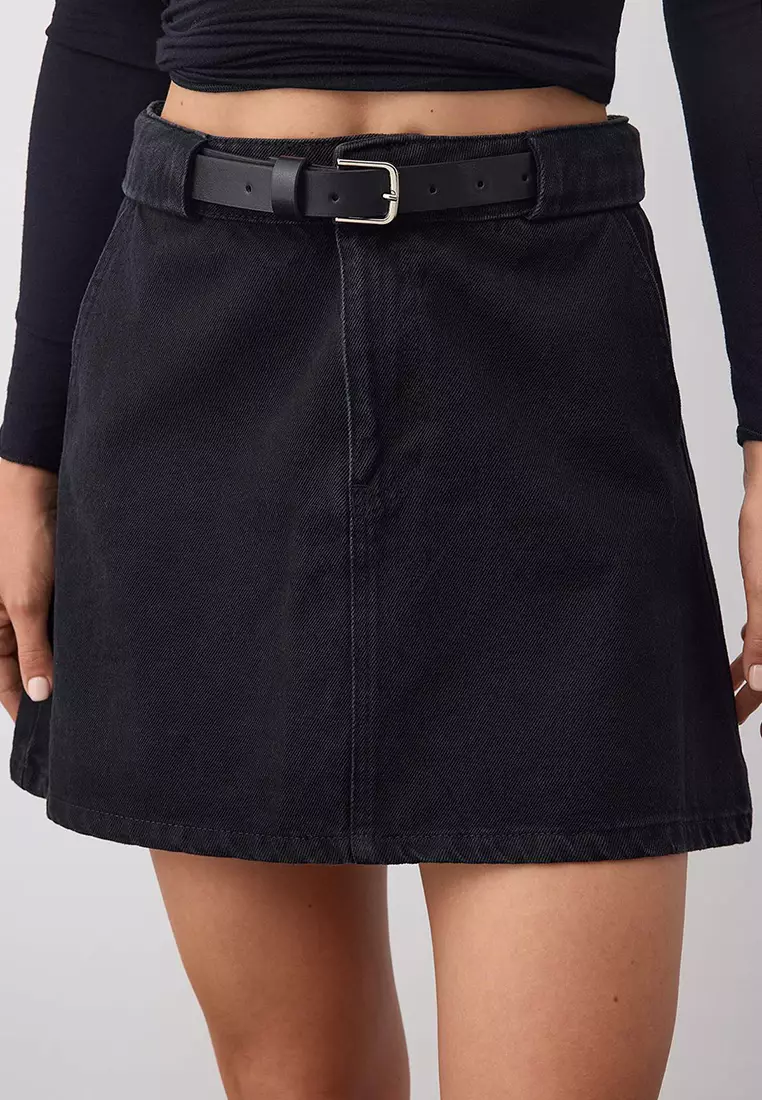 Trendyolmilla Wardrobe Essentials Black More Sustainable Belt Detailed Denim Skirt Twoaw26Et00027