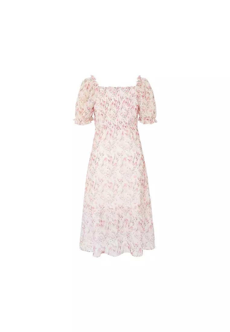 Summer Floral Picnic Dress with Ruffled Sleeve and Collar