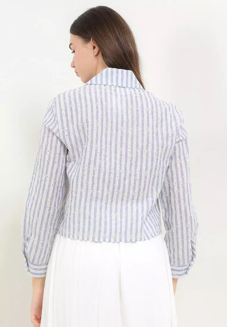 L/S Eyelet Flo Emb Cropped Stripes Shirt