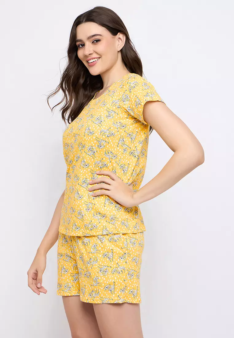 Clovia Printed Top & Shorts Set in Light Yellow- 100% Cotton