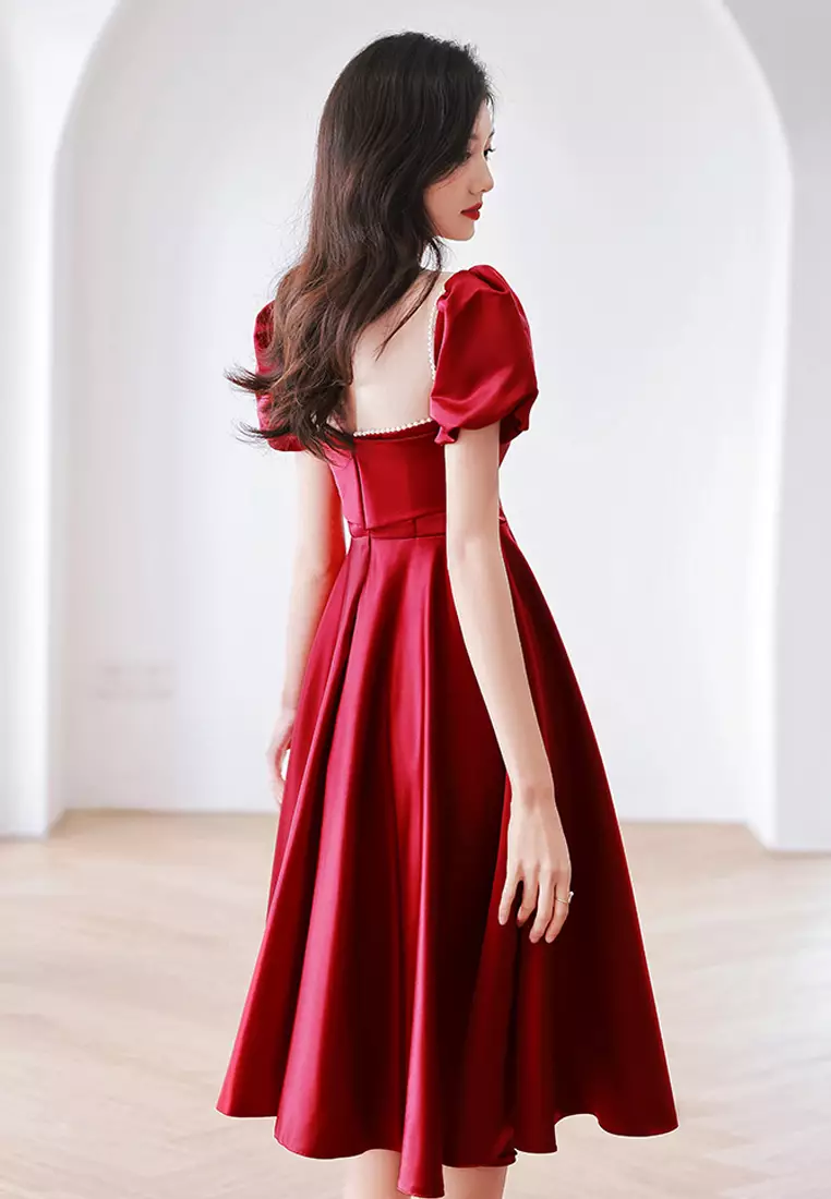 Solid Satin French Bubble Sleeve Evening Dress CA092603